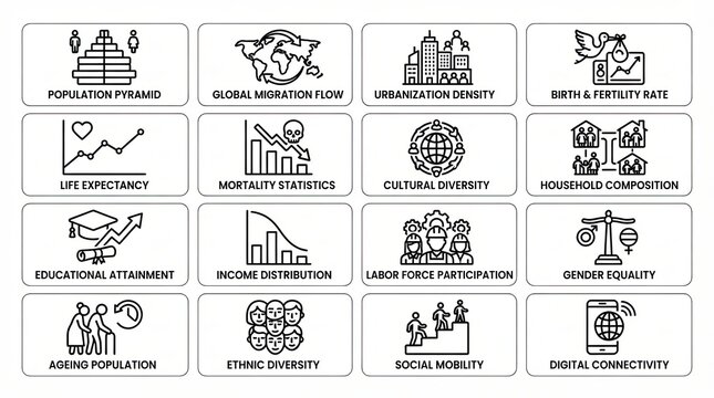 Demographic icons set of 16 linear symbols, population and social statistics signs, global sociology and data visualization elements