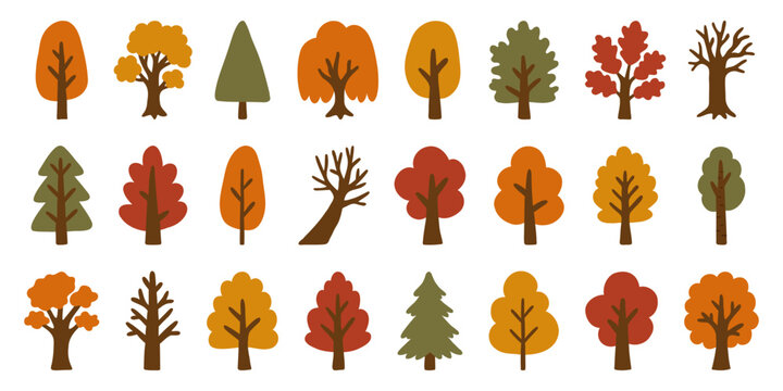 Set of cute autumn trees in flat hand drawn style. Colorful deciduous and evergreen forest trees for seasonal landscapes, educational materials, nursery decor and nature design