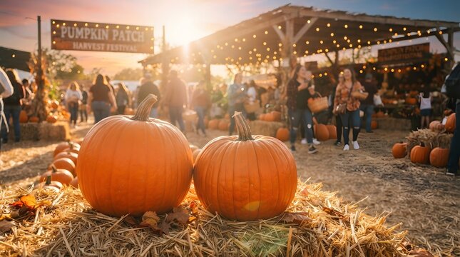Festive pumpkin patch harvest festival with string lights and people enjoying a warm autumn evening