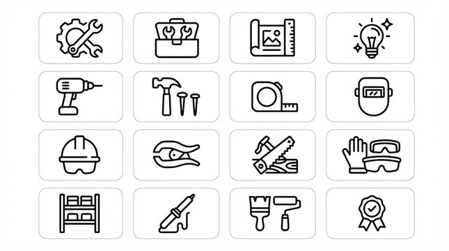 Minimalist construction icons set, 16 industrial tool line symbols, black hardware and repair equipment graphics on white background