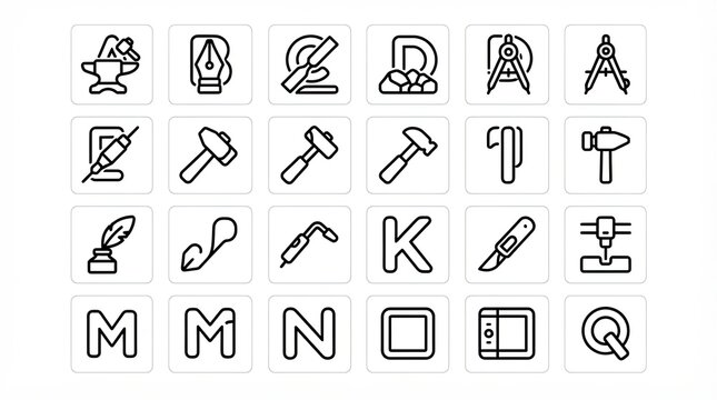 Minimalist line art icons of craft tools and alphabet letters, set of 24 creative design symbols, black stroke vector style