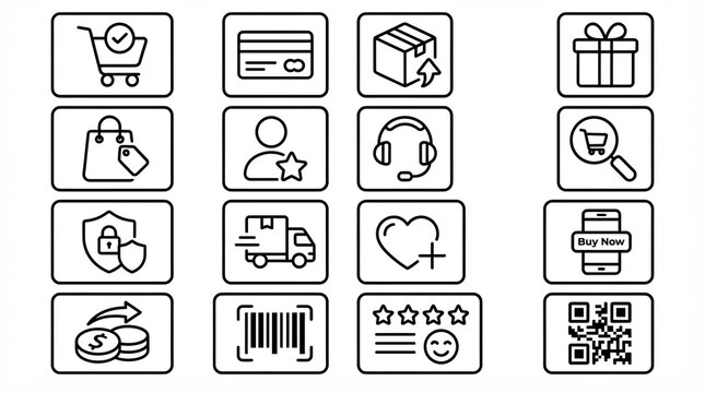 Minimalist e-commerce line icons set, black and white shopping symbols, digital retail web elements for mobile apps and websites