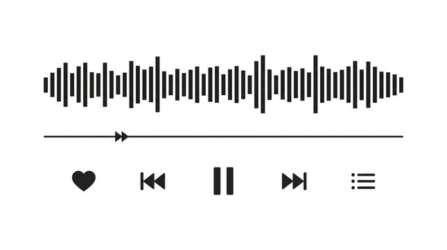 Minimalist audio waveform, black sound wave visualization, modern music player interface elements, digital equalizer graphic, podcast and streaming media design asset