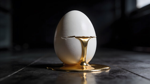Cracked white ceramic egg with liquid gold leaking out, representing wealth creation, investment return, golden egg opportunity, and profit for reports.