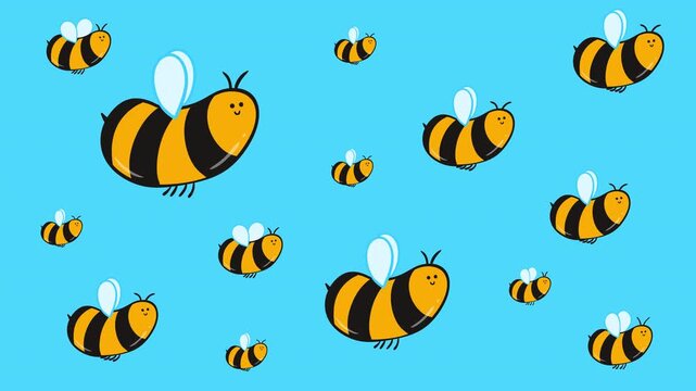 Swarm of cute cartoon bees flying loop 2D animation on blue background. Motion graphic for child game or movie.