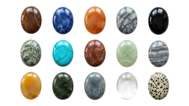 Collection of various polished semiprecious gemstones isolated on transparent background