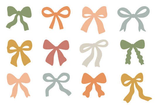 Set of cute hand drawn silhouette ribbon bows in soft pastel colors. Decorative doodle elements for gifts, invitations, branding, packaging, holidays and feminine design. Isolated on white background