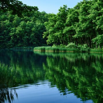 Tranquil forest landscape with lush green trees reflecting on the calm water surface of a serene lake under a clear blue sky in summer