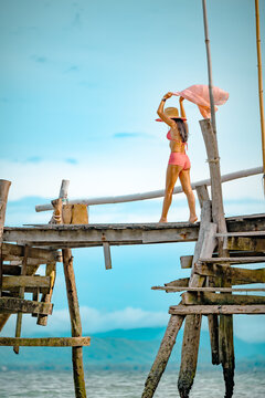 Woman tourist in happiness and relax moment on wooden pier, enjoy the summer trip in tropical island