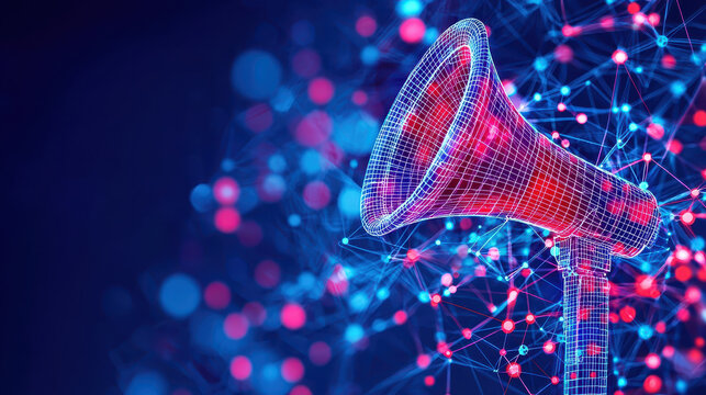 Digital representation of megaphone with network of colorful nodes and connections in background, symbolizing communication and technology