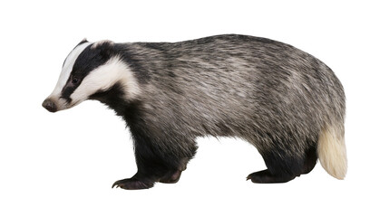 European badger with distinctive black and white facial markings, isolated on transparent background © Petra