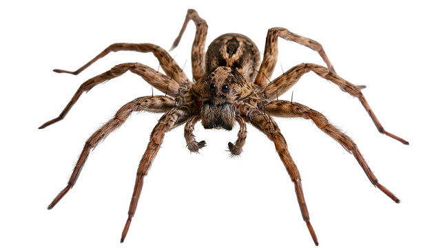 Detailed brown wolf spider with hairy legs, isolated on transparent background