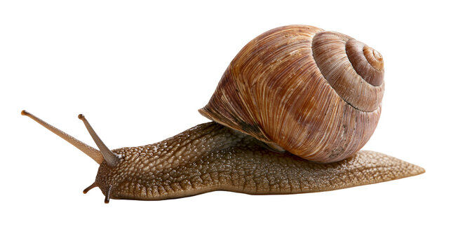 Brown garden snail with textured shell, isolated on transparent background