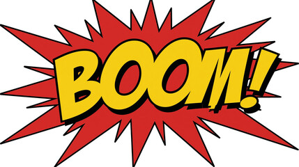 Yellow BOOM text on red starburst explosion shape, isolated on transparent background © Petra