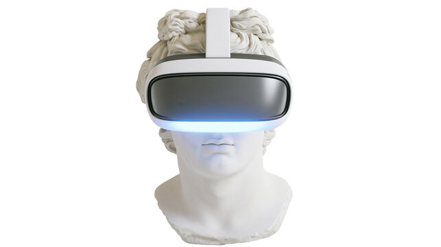 White marble bust wearing modern VR headset with blue light, isolated on transparent background