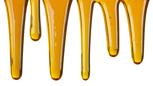 Golden viscous honey dripping in strands, isolated on transparent background
