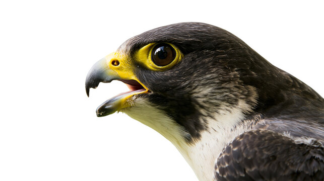 Peregrine falcon head with open beak detailed feathers, isolated on transparent background