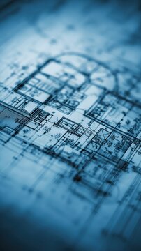Detailed architectural blueprint showcasing residential floor plan with precise measurements and structural elements under soft focused lighting conditions