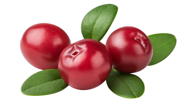Three ripe red cranberries with green leaves, isolated on transparent background