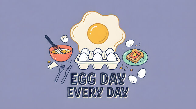 Fried egg with carton and toast for breakfast celebration around kitchen objects.