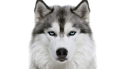 Close-up portrait of a Siberian Husky dog with striking blue eyes, isolated on transparent background © Petra