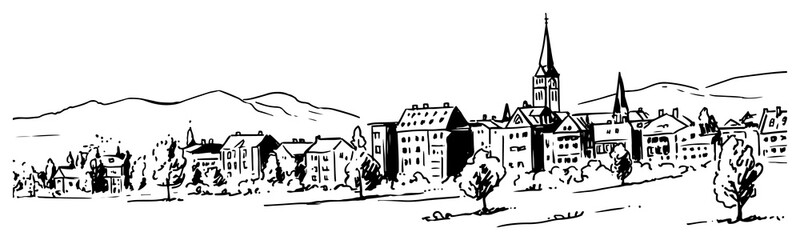 Fototapeta premium Scenic european village with church tower and mountain backdrop in sketch style