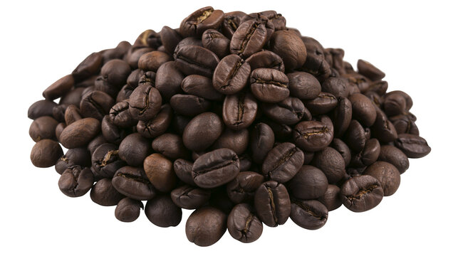 Pile of dark roasted coffee beans, isolated on transparent background