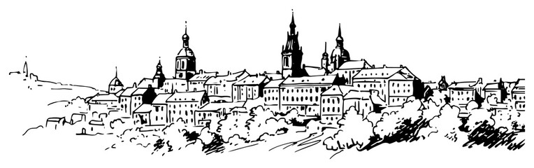 Medieval European city skyline with cathedrals and historic buildings in hand drawn sketch style