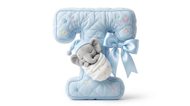 Light blue quilted letter T, plush alphabet initial with sleeping baby elephant, nursery decor for boy baby shower