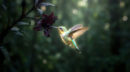 Fototapeta premium Hummingbird with iridescent plumage hovering near a dark purple flower in a garden
