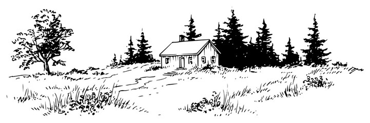 Small country house in open field with pine forest background in hand drawn sketch style © Celestynka