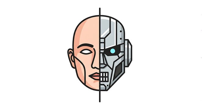 left side human face, right side robot with glowing circuits and metal. Illustrating cyborg and AI fusion concept.