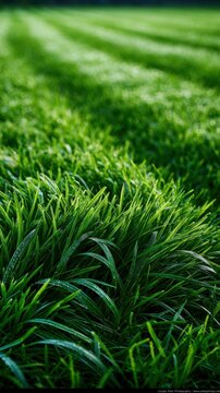Vibrant green lawn with fresh morning dew and soft sunlight casting gentle shadows on lush grass blades creating a serene natural landscape scene