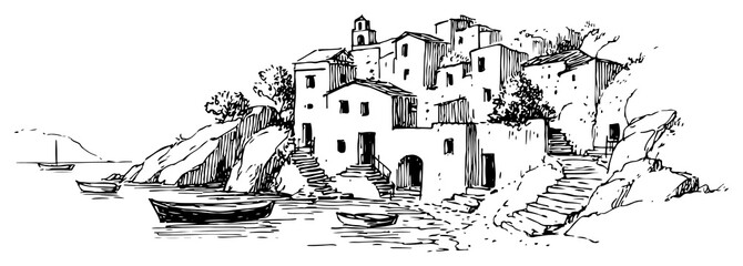 Fototapeta premium Mediterranean coastal village with boats and rocky shore ink sketch style