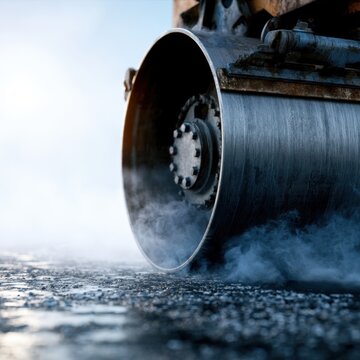 Industrial steam roller compacting hot asphalt on road construction site with smoky and foggy atmosphere in early morning light