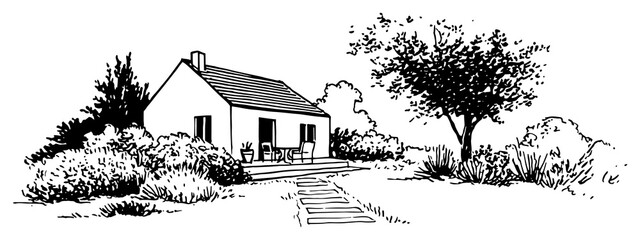 Modern small house with stone path and lush garden landscape in minimalist hand drawn sketch style