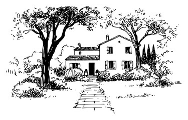Traditional country house with garden stone path and mature trees ink sketch style