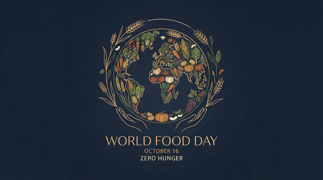 World food day graphic with earth made of vegetables and fruits held by hands, promoting zero hunger and healthy eating.