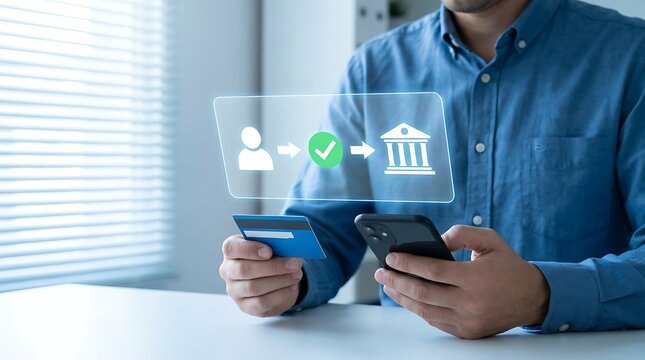 Person makes contactless payment using smartphone and credit card for online banking transaction with clear financial process confirmation.