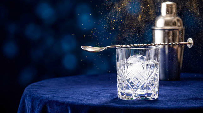Elegant cocktail glass with ice cube and cocktail shaker on dark blue table for premium drink setting