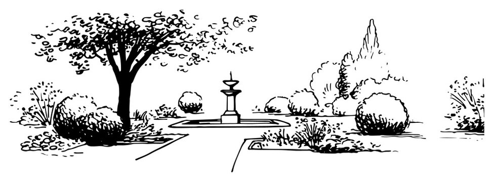 Formal garden scene featuring a stone fountain and manicured shrubs in ink sketch style
