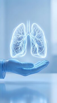 Healthcare professional in a blue medical glove holding a glowing lung illustration