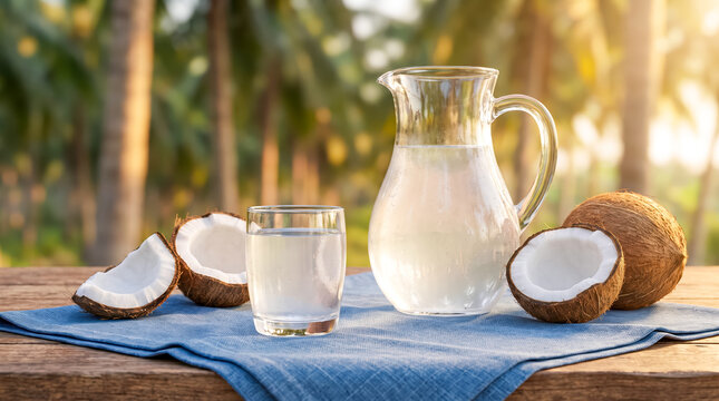 Fresh coconut water served in glass pitcher with opened coconuts on wooden table