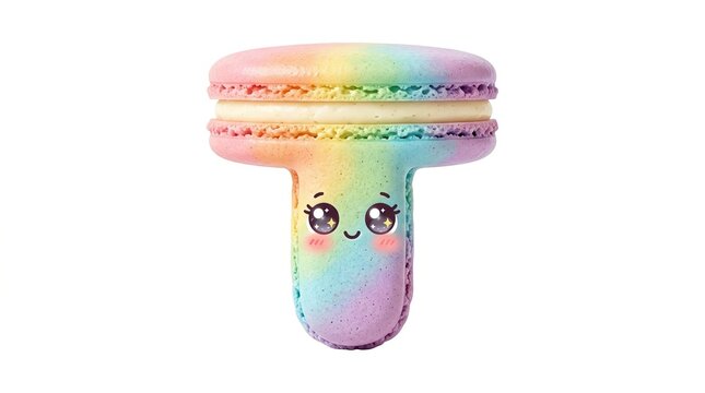 Rainbow macaron letter T with cute kawaii face, colorful pastel alphabet cookie, sweet confectionery typography for birthday party isolated PNG with Transparent Background