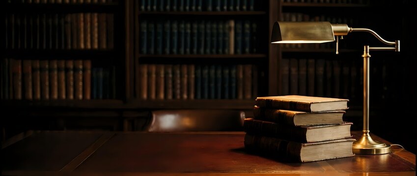 Classic library study desk with stacked books and a brass reading lamp