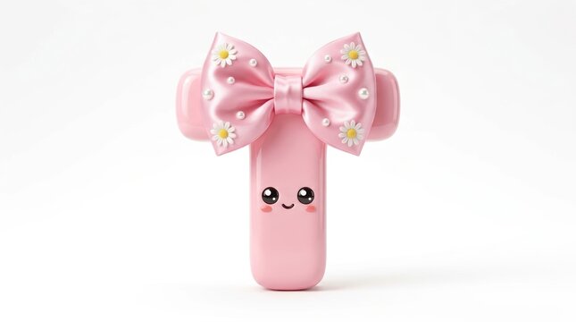 Kawaii pink letter T with satin bow and daisy flowers. Cute alphabet character with smiling face. Pastel 3D typography for kids. isolated PNG with Transparent Background