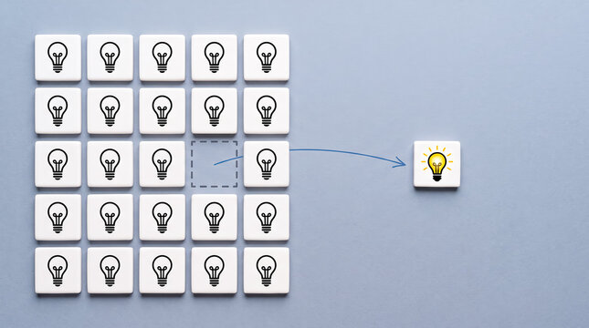 Inspiration selected from grid of lightbulb icons representing creative business ideas