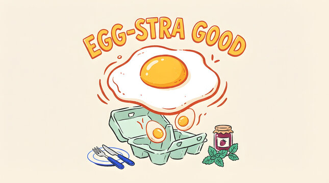 Fried egg with jelly jar and toast. Eggs in carton with fork and knife, breakfast concept with eggs are egg-stra good.