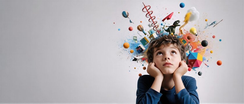 Child with attention deficit hyperactivity disorder having a busy mind. Conceptual visualization of racing thoughts, imagination, and distraction. Banner with copy space