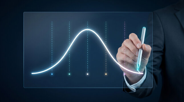 Business professional drawing a bell curve on a digital glass screen for data analysis.